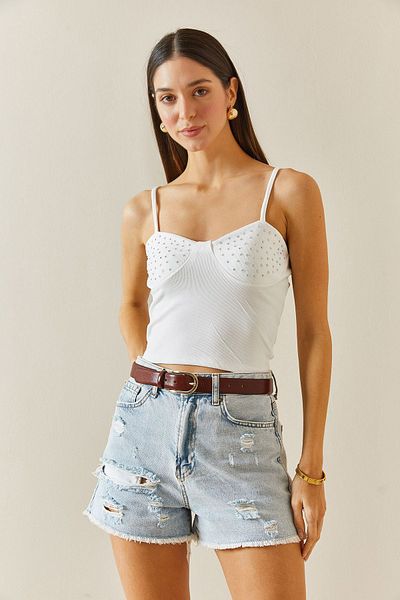 XHAN White Stone Detailed Strappy Blouse 5YXK2-48344-01