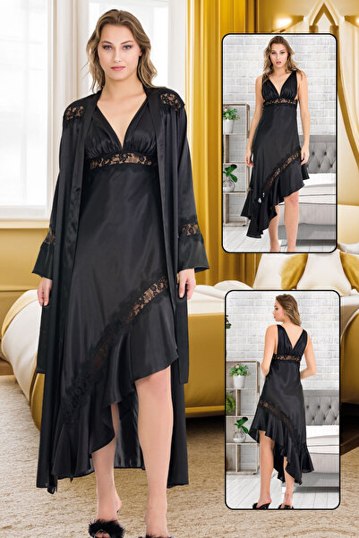 Jenny Daphne Lady Чорні рукави з мереживними деталями Довгий 2-х частинний чо...