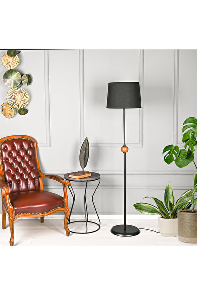 Safir Light Ahşap Detaylı Metal Lambader - Siyah - 155x37x37 cm