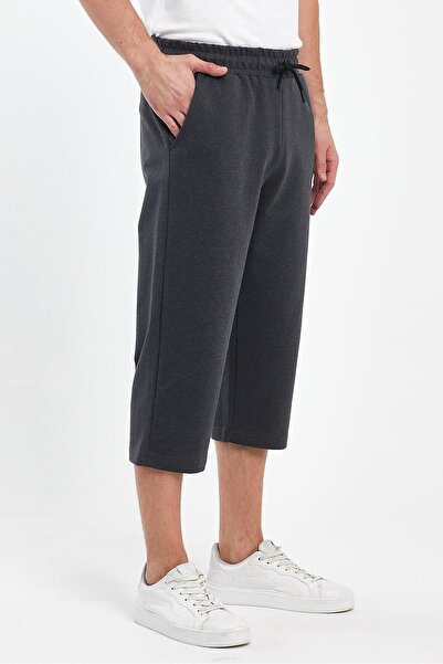 COMEOR Erkek Yanları Cepli Antrasit Bermuda Diz Altı Kapri Beli Ayarlanabilir Lastikli Uzun Şort