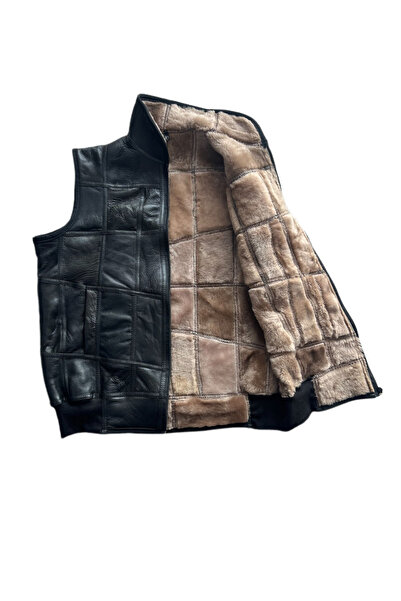 Lndr PatchWork İçi Kürk-Dışı Süet Hakiki Deri Yakalı Biye ve Triko Detaylı Yelek
