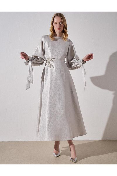 Kayra Embroidered Detailed Jacquard Dress Gray
