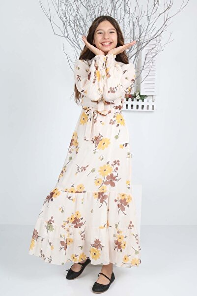 Asortik Kids Kız Çocuk Astarlı Tam Boy Çiçek Desenli Iç Göstermeyen Uzun Tesettür Elbise