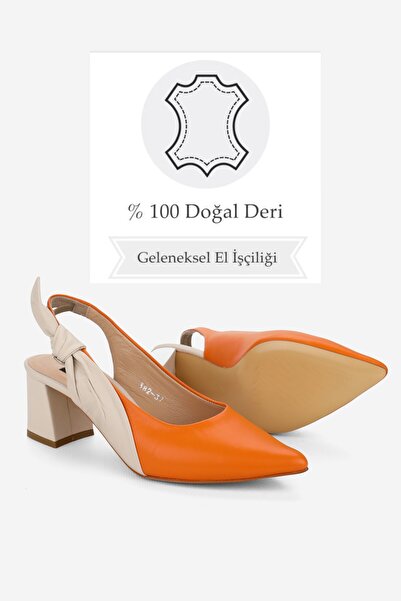 TUNAELLİ KADIN TURUNCU BEJ HAKİKİ DERİ 35-41 NUMARA TOPUKLU AYAKKABI