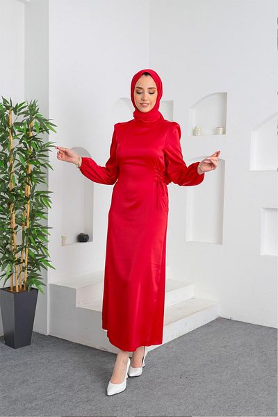 Tesettür Diyarı Zra Model Side Tie Satin Evening Dress Red