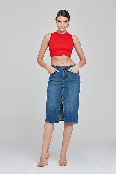 Pantamo Jeans Fusta albastră din denim midi - ton mediu, învechită