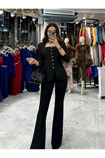 missswans Darina Kare Yaka Gold Düğmeli Ceket-Siyah