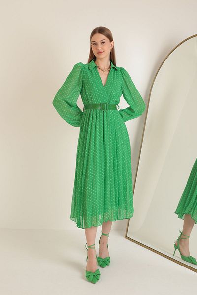 munora butik Chiffon Fabric Polka Dot Skirt Pleated Green Midi Dress
