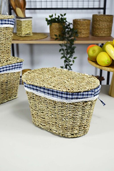 SepetçiBaba Plaid - Wicker Box Bathroom-Organizer-Potato&Cavity Pot with Lid Oval QB23114PC