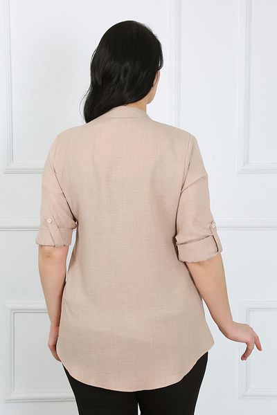 By Alba Collection Women's Stone Color Prevailing Collar Soft Linen Large Size Shirt