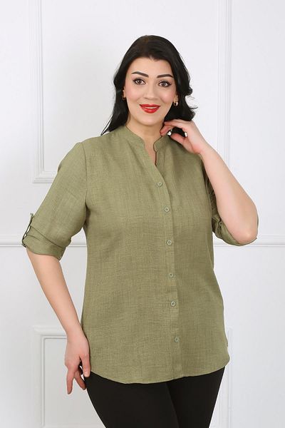 By Alba Collection Γυναικείο πουκάμισο με γιακά Χακί Μαλακό Λινό Plus Size