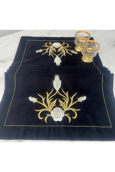 Hane7 Siyah Kadife Sim Sırma Lale Nakışlı Runner