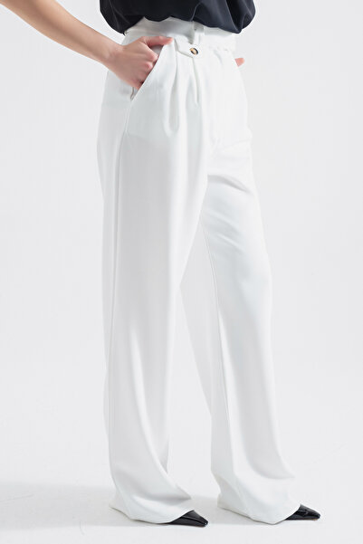 Lafaba Γυναικείο λευκό διακοσμητικό παντελόνι Palazzo με τσέπη
