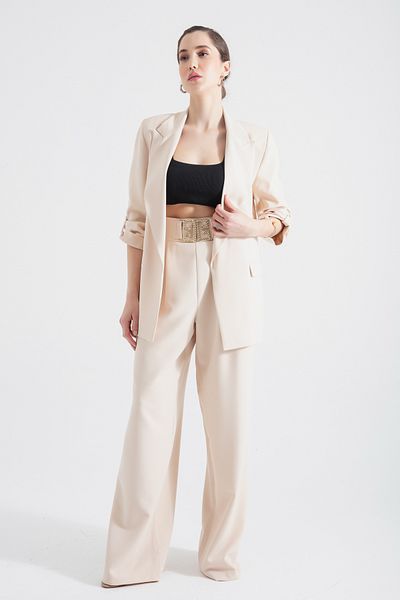 Lafaba Women's Beige Blazer Jacket with Folded Sleeves
