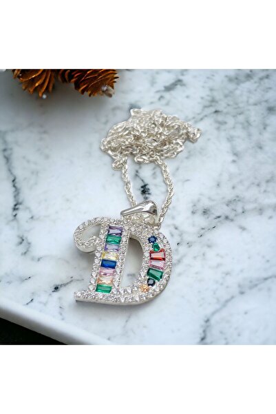 Rachel Silver 925 Ayar Gümüş Rainbow Renkli Zirkon Taşlı Harf Kolye