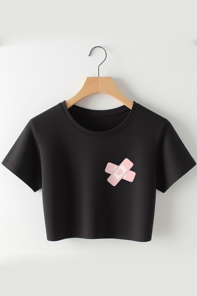 Vordevia Crop oversize cu guler rotund cu imprimeu rămas în inimă 2024 Coquet...