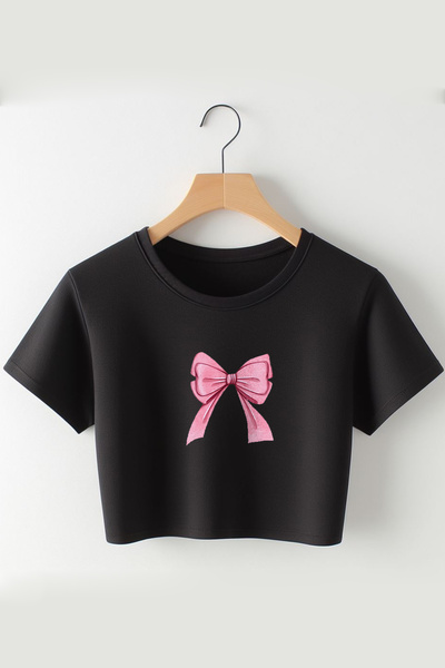 Vordevia Принт с панделка 2024 Coquette Fashion Oversize Къс блуза с кръгло д...