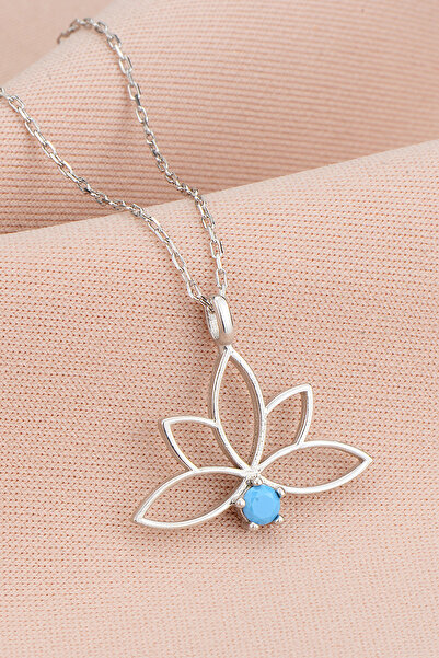 Bilsen Store 925 Ayar Gümüş Zincirli Firuze Taşlı Lotus Kamelya Çiçeği Kolye