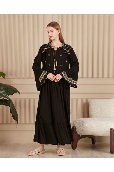 AYASOFYA OTANTIK Women's Black Ethnic Embroidery Detailed Spanish Sleeve Long Dress