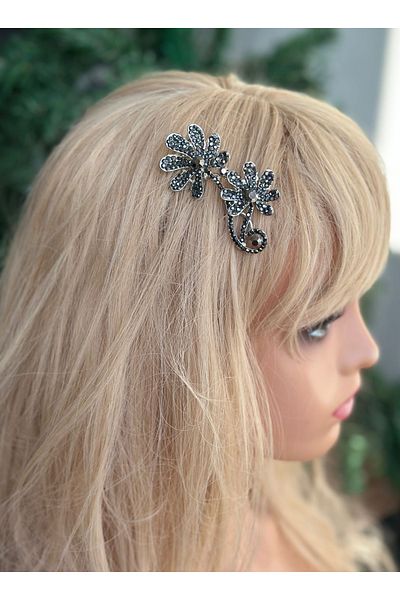 QUEEN AKSESUAR luxury crystal stoned metal large flower motif scalloped side buckle bridal henna engagement hair accessory silver