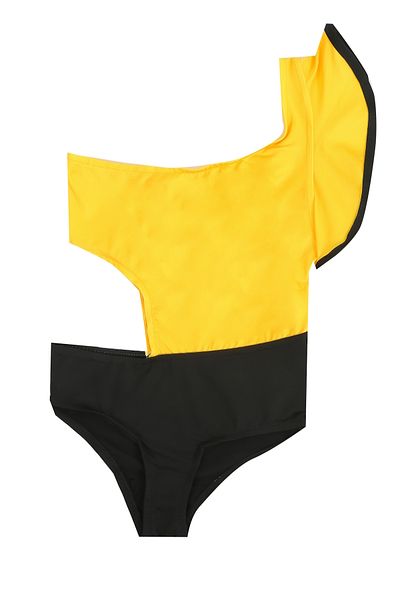 Papiş Yellow and Black Color Ruffle Sleeve Bikini for Girl - Stylish Sea and Pool Swimsuit