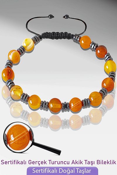 Tesbih Atölyesi AAA+ Certified Real Orange Agate Stone Bracelet - Adjustable