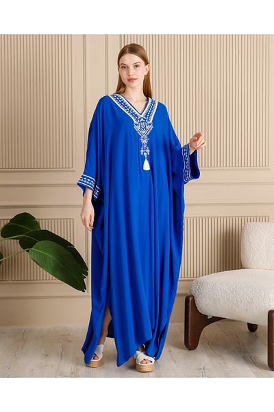 AYASOFYA OTANTIK Rochie de damă, albastră, cu decolteu în V, etnică, autentică, broderie, detaliată, supradimensionată, lungă
