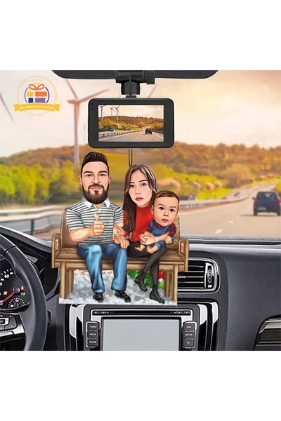 3D Hediye Dünyası Dikiz ayna süsü  Bankda oturan aile karikatürlü biblo hediy...