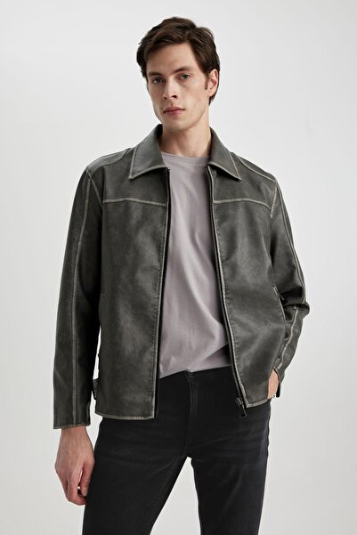 DeFacto Faux Leather Slim Fit Coat - Polo Neck, Zip Pocket, Lined Seasonal C4243Ax24Sp