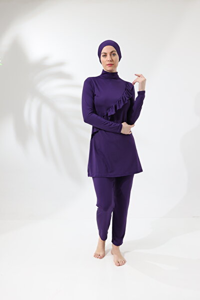 aykum Covered Purple Color Hijab Swimsuit with Long Sleeve Ruffle Knitted Stretchy Pants