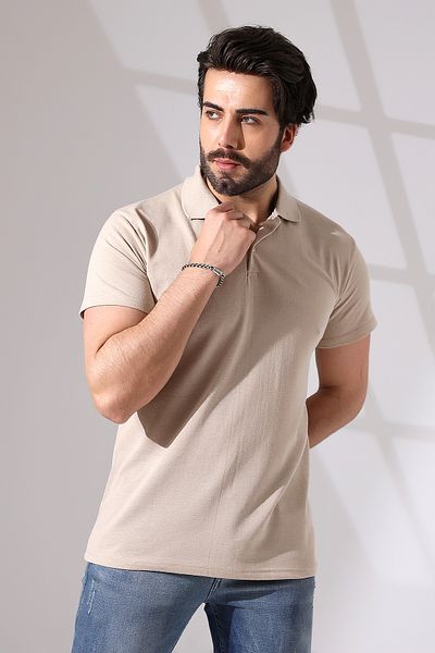 tynemode Μπεζ στενό/λεπτό μπλουζάκι Polo με λαιμόκοψη