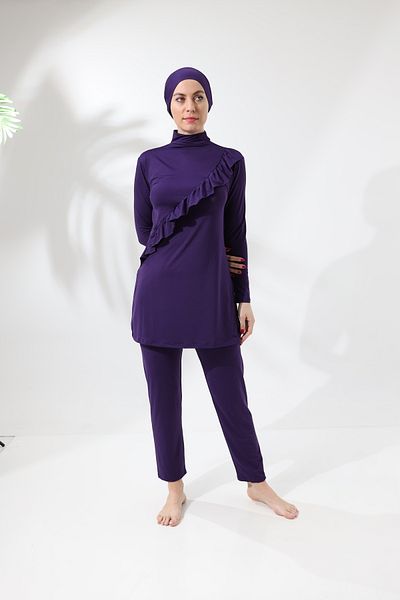 aykum Covered Purple Color Hijab Swimsuit with Long Sleeve Ruffle Knitted Stretchy Pants
