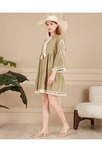 AYASOFYA OTANTIK Women's Khaki Linen Dress with Placket Collar and Pompom Sleeves and Embroidery Detail