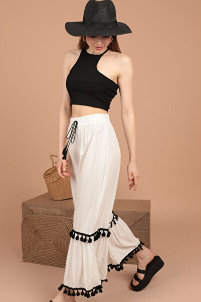 ESSFASIHON Pantaloni din țesătură din viscoză cu talie elastică cu ciucuri