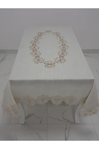 Finezza Nihal Lüx Dantelli Simli Keten Kumaş Bej Masa Örtüsü 160x230 Cm - 1150