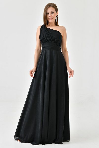 bayansepeti Căptușit pentru femei, țesătură lurex lucioasă, cu un umăr, decolteu asimetric, lungime maxi, rochie neagră cu decupaj prințesă 38995