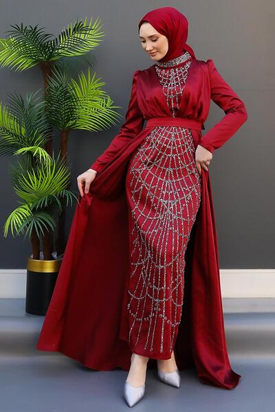 GİZ AGİYİM Embroidered Cape Evening Dress Claret Red