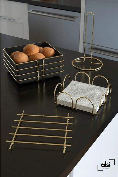 ALSİ HOME Service Presentation Set and Bread Basket Towel Holder Napkin Holder Trivet Bread Dish Gold Gold Dowry Set of 4