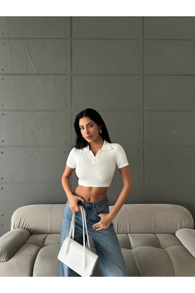 Friday Mood Γυναικεία μπλούζα με κουμπιά Polo Neck Crop