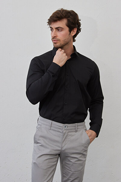 RAVANELLI Ανδρικό μαύρο μοντέρνο μακρυμάνικο πουκάμισο Dobby Oxford με λεπτή εφαρμογή