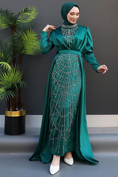 GİZ AGİYİM Embroidered Cloaked Evening Dress Emerald