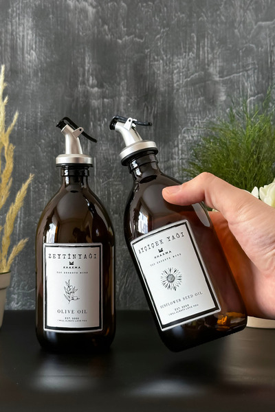 KHAKMA 2'li Amber Zeytinyağı Sıvıyağ Şişesi Yağdanlık 500ml 500t Bb Za