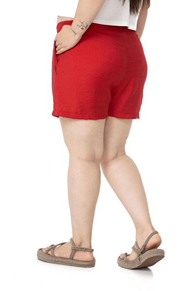 DISENTIS MODEST Plus Size Red Shorts with Elastic Waist and Side Pockets