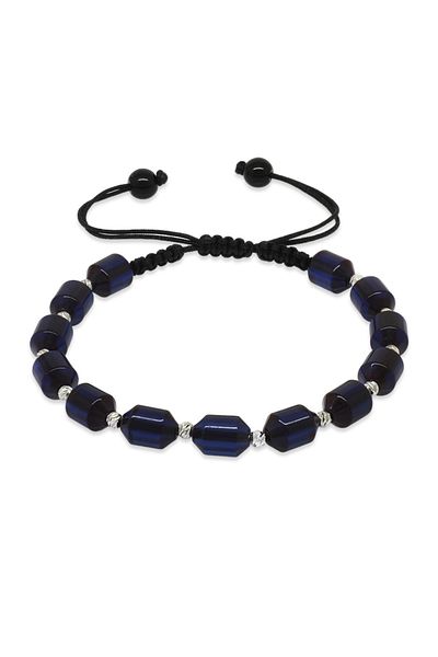 Tesbihane Macrame Braided White Dorica Ball Decorated Dark Navy Blue Clamping Amber Men's Bracelet