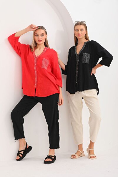 AYASOFYA OTANTIK Women's Red Foldable Sleeve Sequin Linen Shirt Blouse