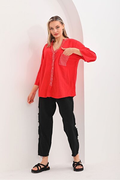 AYASOFYA OTANTIK Women's Red Foldable Sleeve Sequin Linen Shirt Blouse