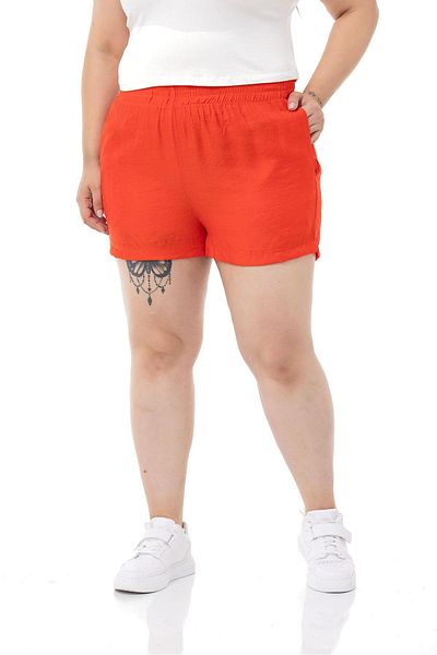 DISENTIS MODEST Plus Size Elastic Waist Side Pocket Coral Shorts