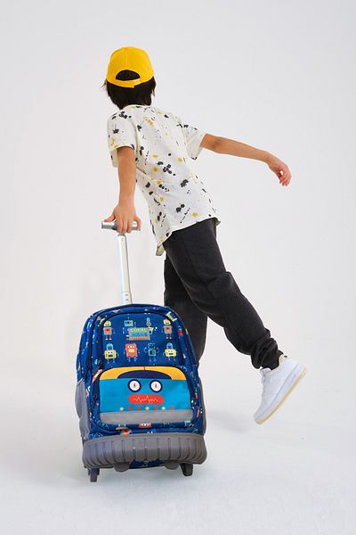 Coral High Kids Robot Patterned Navy Blue Colored Two-Stage Squeegee Backpack and School Bag 24025