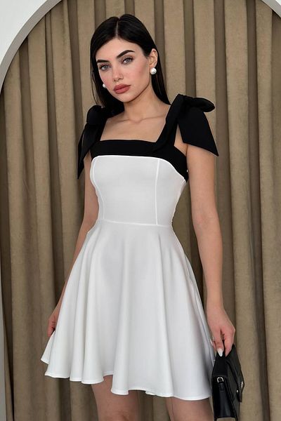 lovebox Rochie de seară mini evazată albă pentru femei, cu guler fără bretele, cu detaliu în dungi Atlas, cu design cu bretele 245