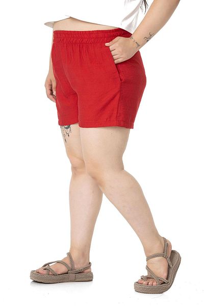 DISENTIS MODEST Plus Size Red Shorts with Elastic Waist and Side Pockets